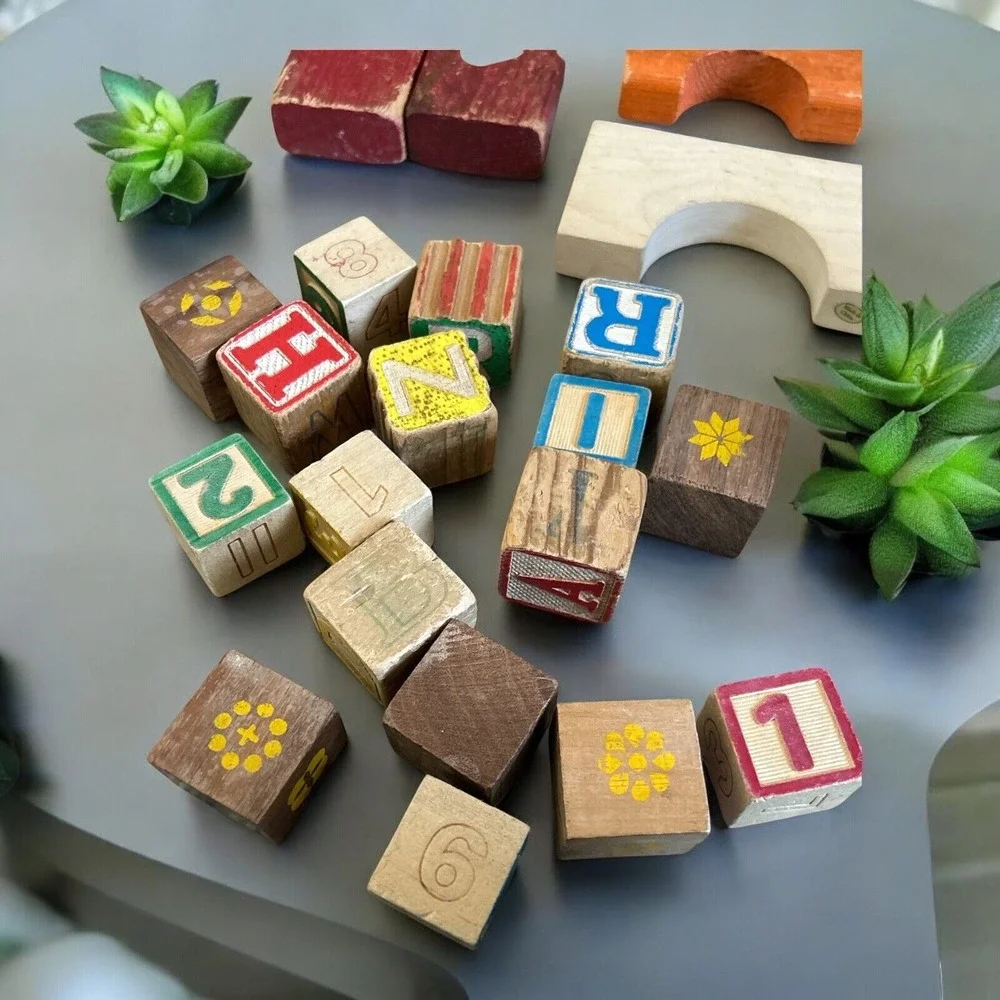 Vintage Wooden Building Blocks Lot Lincoln Logs Alphabet Blocks‎ Mixed Set 80+pc